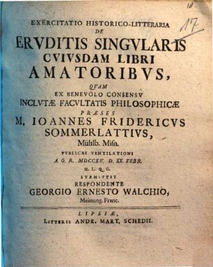 Exercitatio Historico-Litteraria De Ervditis Singvlaris Cvivsdam Libri Amatoribvs