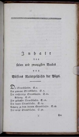 Inhalt des sieben und zwanzigsten Bandes von Buffons Naturgeschichte der Vögel.