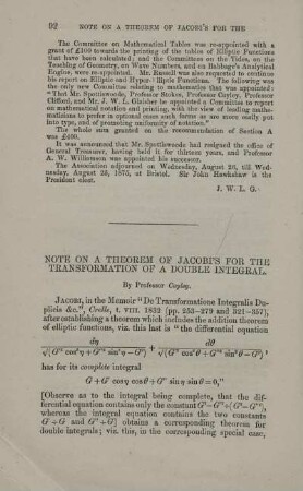 Note on a theorem of Jacobi's for the transformation of a double integral.