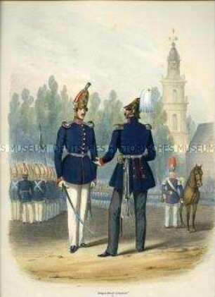 Uniformdarstellung, grenadiere, Offizier und Trompeter des 1. und 2. Grenadier-Garde-Regiments zu Fuß, Preußen 1843/1845. Aus: Sachse: Das Preussische Heer. Tafel 7.