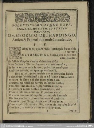 Solertissimo atque experientissimo chymico et pharmacopaeo, Dn. Georgio Dethardingo, Amico & Fautori suo multùm colendo, S.P.