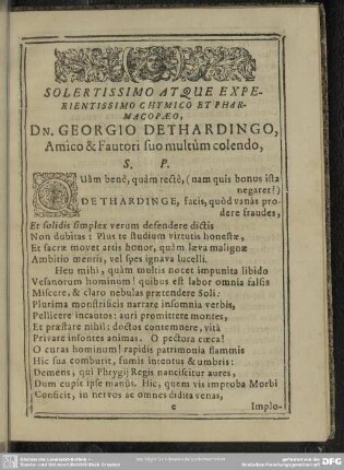 Solertissimo atque experientissimo chymico et pharmacopaeo, Dn. Georgio Dethardingo, Amico & Fautori suo multùm colendo, S.P.