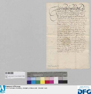 Horatio Hypoliti Graf zu Gazoldo, fürstlich bayerischer Kämmerer, stellt zugleich ein Namen seiner Gemahlin Elisabetha zu Lautterbach, Hornegkh und Meilnhauen der Stadt Nürnberg Quittung aus über 550 fl. Stadtsteuer.