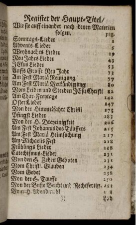 Register der Haupt-Titel/ Wie sie auff einander nach denen Materien folgen.