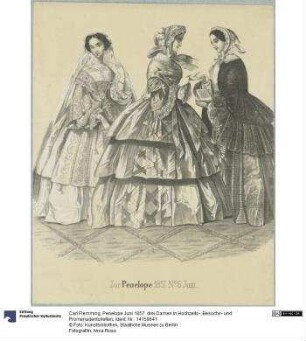 Penelope Juni 1857: drei Damen in Hochzeits-, Besuchs- und Promenadentoiletten