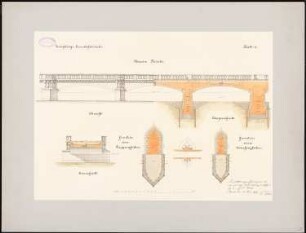 Zweigleisige Eisenbahnbrücke: Teilansicht, Längsschnitt, Querschnitt, Grundriss eines Gruppen- und Zwischenpfeilers
