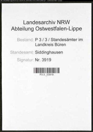 Sterberegister Standesamt Siddinghausen