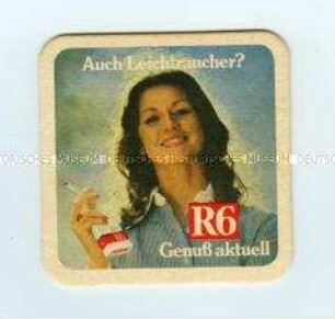 Bierdeckel mit Werbeaufdruck für "R6"-Zigaretten und "Henninger Kaiser Pilsner"