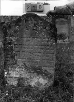 Grabstein 218 (Index: 100107281) Material: heller Sandstein Zustand: stark verwittert und versalzen, teilweise Textverlust Maße HxBxT: 105x70x11 cm Beschreibung: Stele mit geschwungenem Bogenabschluß: Grabstein 218