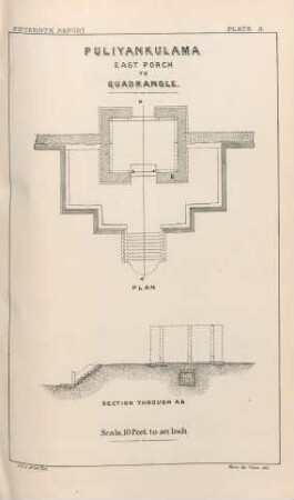 Plate A. Puliyankulama. East Porch to Quadrangle. Plan. Section through AB