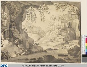Grotte in einer bergigen Flusslandschaft mit Hirten und Ziegen