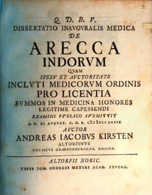 Dissertatio Inauguralis Medica De Arecca Indorum