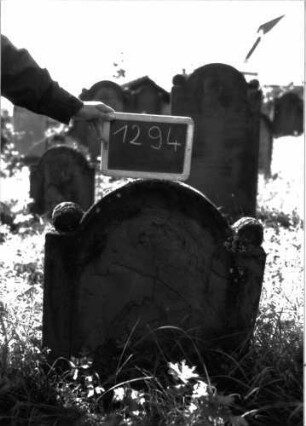 Grabstein 1294 (Index: 100104551) Material: Sandstein Zustand: vollständig verwittert, eingesunken Maße HxBxT: 80x63x10 cm Beschreibung: Stele mit eingezogenem Rundbogenabschluss, auf den Einzügen Kugelaufsätze, Schriftfeld eingetieft mit Konvexbogenabschluss: Grabstein 1294