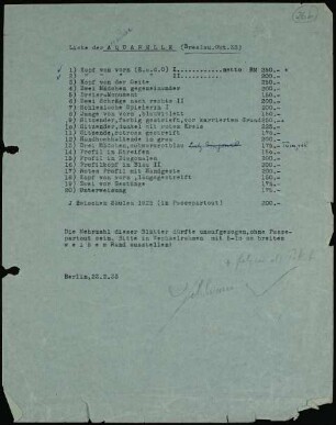 Liste der AQUARELLE (Breslau.Okt.32)