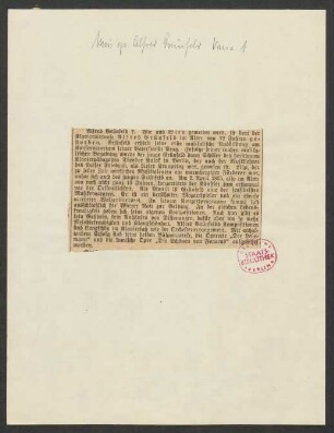 Eine Anzeige des Todes von Grünfeld und eine kurze Lebensbeschreibung