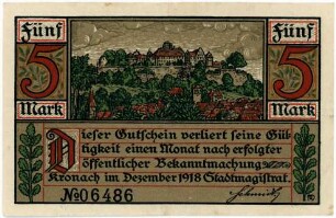 Geldschein / Notgeld, 5 Mark, 12.1918