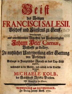Geist des Heiligen Francisci Salesii, Bischoff und Fürstens zu Genff