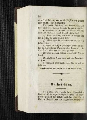 [Gedächtnisfeier in Zürich wegen Ablebens des Hans Georg Nägeli] : [Nachrichten]