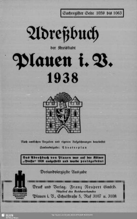43.1938: Adreßbuch der Kreisstadt Plauen i. V. : nach amtlichen Angaben und eigenen Aufzeichnungen bearbeitet