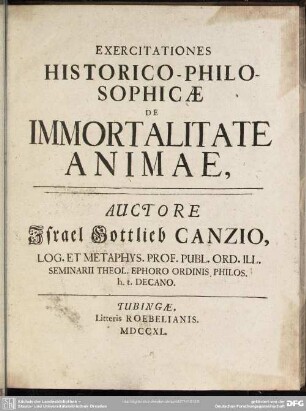 Exercitationes Historico-Philosophicae De Immortalitate Animae