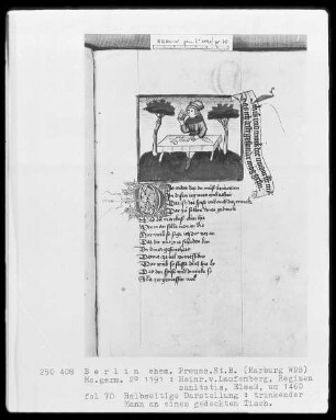 Heinrich von Laufenberg, Regimen sanitatis, deutsch — Trinkender Mann am gedeckten Tisch, Folio 70recto