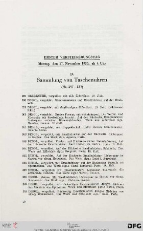 Erster Versteigerungstag: Montag, den 17. November 1930, ab 4 Uhr (Nr. 297-526)
