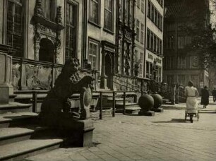 Danzig/Westpreußen (heute Gdansk). Langer Markt. Das Wappentier Danzigs - der Löwe - als Schmuck an einer Treppe. Er hält das Stadtwappen