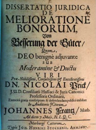 Diss. iur. de melioratione bonorum, von Besserung der Güter