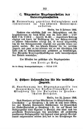 Verwendung geprüfter Gesanglehrer und -lehrerinnen an den höheren Unterrichtsanstalten : [C. Allgemeine Angelegenheiten der Unterrichtsanstalten]