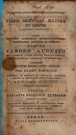 Dissertatio Inauguralis Medico-Pathologica De Febris Nervosae Natura Et Origine