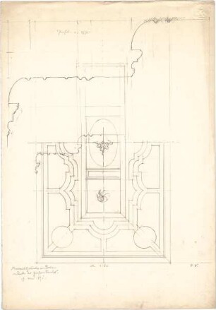 ohne Verfasserangabe; Eppan, Bozen / Südtirol (Italien); Bauaufnahmen - Merkantilgebäude in Bozen, Decke im großen Saal (Teilansicht m. Schnitt), Deckenprofil (Detail)