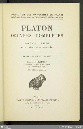 T. 5, Partie 1: Ion. Ménexène. Euthydème