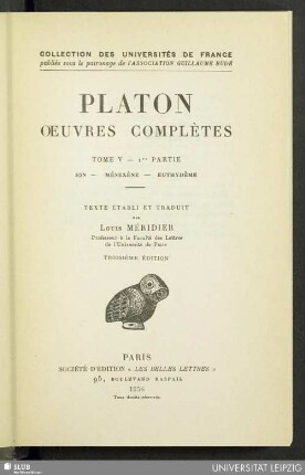 T. 5, Partie 1: Ion. Ménexène. Euthydème