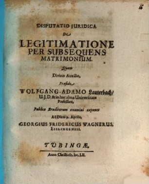 Disputatio Juridica De Legitimatione Per Subsequens Matrimonium