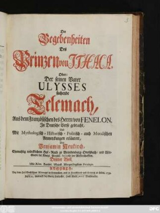 Theil 3: Die Begebenheiten Des Prinzen von Ithaca, Oder: Der seinen Vater Ulysses, suchende Telemach