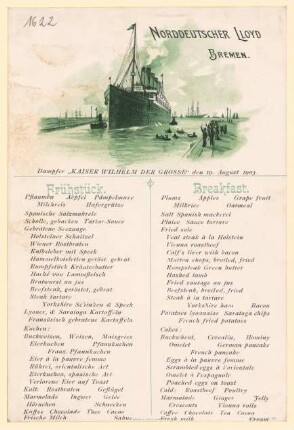 Menükarte : Frühstück, Dampfer "Kaiser Wilhelm der Große"