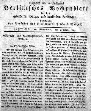 218tes Stueck, Sonnabend, den 6 Maerz 1813