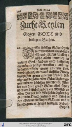 Zucht-Regeln gegen Gott und heiligen Sachen.