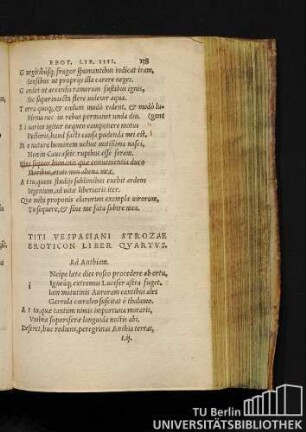 Titi Vespasiani Strozae Eroticon Liber Quartus.