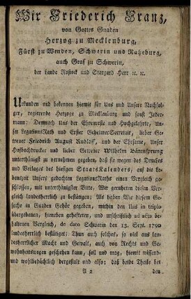 Wir Friederich Franz, von Gottes Gnaden Herzog zu Mecklenburg, [...]