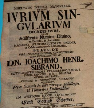 Dissertatio iuridica inauguralis, sistens iurium singularium decades duas