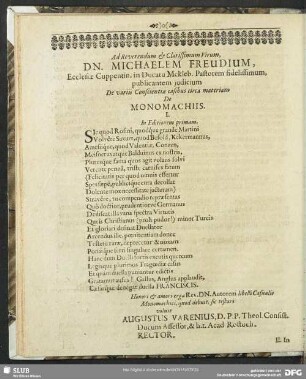 Ad Reverendum et Clarissimum Virum, DN. Michaelem Freudium, Ecclesiae Cuppentin. in Ducatu Mekleb. Pastorem fidelissimum, publicantem iudicium ...