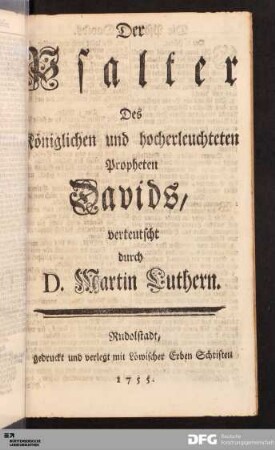 Der Psalter Des Königlichen und hocherleuchteten Propheten Davids