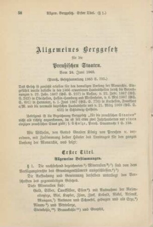 Allgemeines Berggesetz für die Preußischen Staaten. Vom 24. Juni 1865.