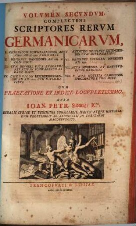 Complectens Scriptores Rervm Germanicarvm : I. Chronicon Schwarzacense Ab A. 800 Ad A. 1590. E Cod. Msct. ... Cvm Præfatione Et Indice Locvpletissimo