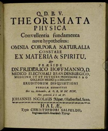 Theoremata Physica Convellentia fundamenta novae hypotheseos: Omnia Corpora Naturalia Constare Ex Materia & Spiritu