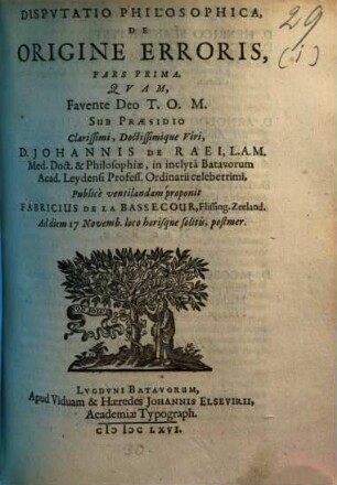 Disputatio Philosophica De Origine Erroris, 1