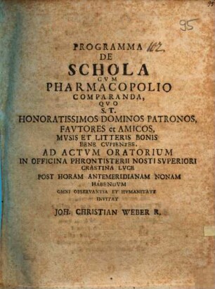 Progr[amma] de schola cum pharmacopolio comparanda