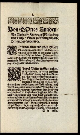 Von Gottes Gnaden/ Wir Eberhard/ Hertzog zu Würtemberg und Teckh ...