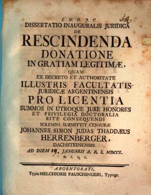 Diss. inaug. iur. de rescindenda donatione in gratiam legitimae